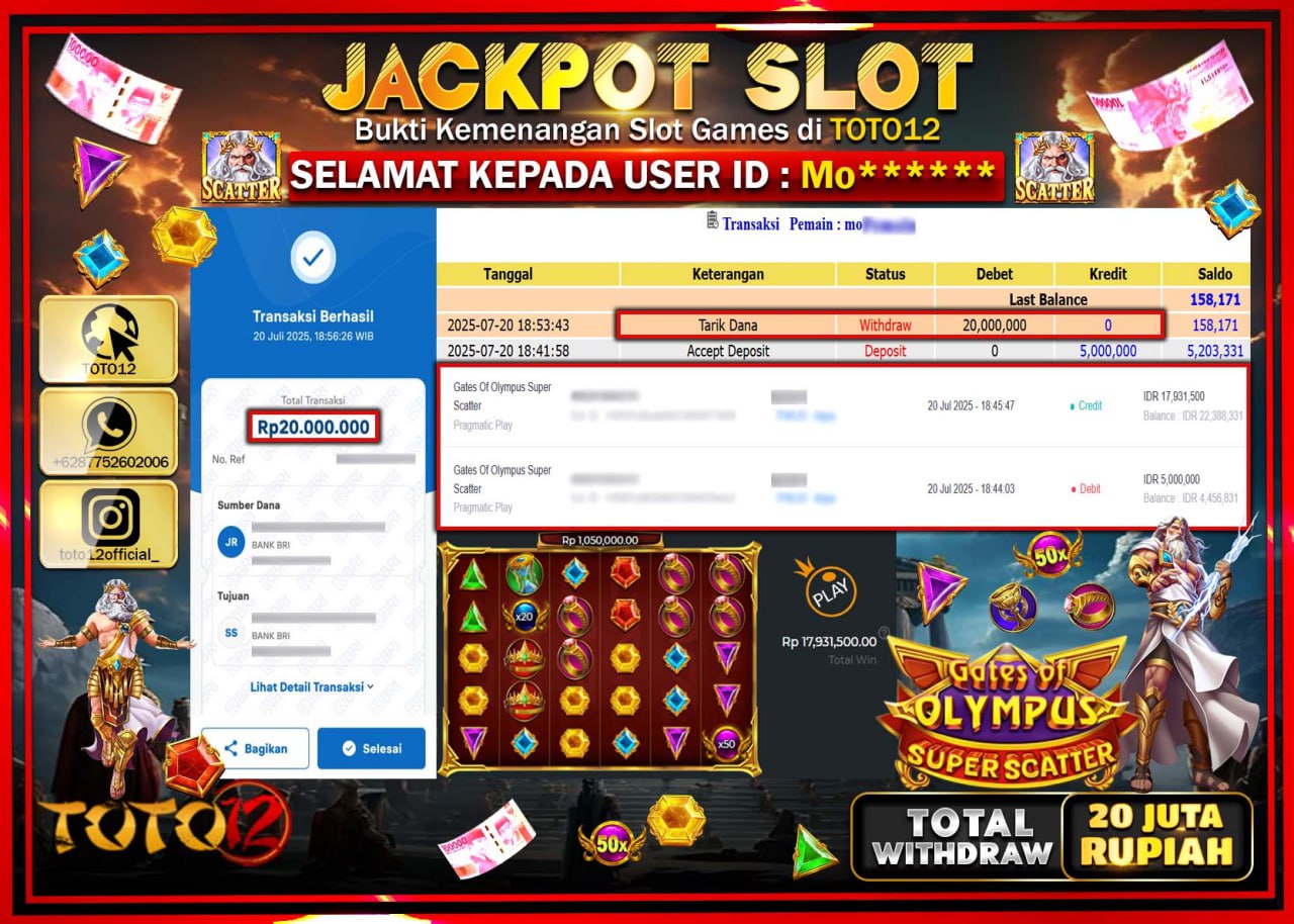 HANYA DI TOTO12 JP PASTI DI BAYAR LUNAS DAN CEPAT!!!!!! JACKPOT SLOT GAME (GATES OF OLYMPUS SUPER SCATTER) Rp.20.000.000 !!!!