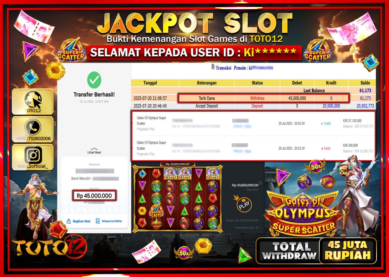 HANYA DI TOTO12 JP PASTI DI BAYAR LUNAS DAN CEPAT!!!!!! JACKPOT SLOT GAME (GATES OF OLYMPUS SUPER SCATTER) Rp.45.000.000 !!!!