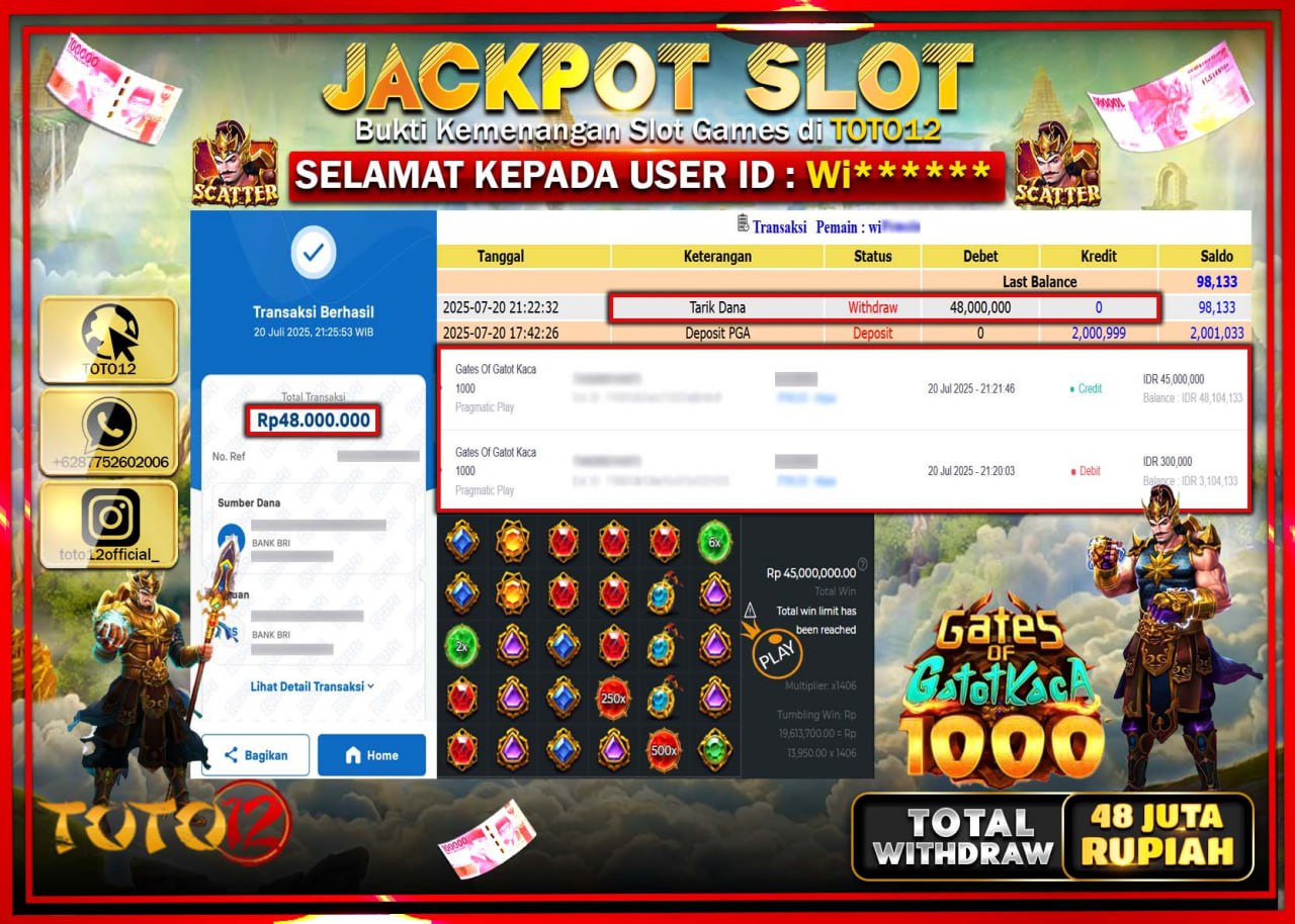 HANYA DI TOTO12 JP PASTI DI BAYAR LUNAS DAN CEPAT!!!!!! JACKPOT SLOT GAME (GATES OF GATOT KACA 1000) Rp.48.000.000 !!!!