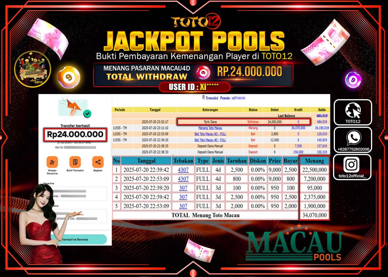 HANYA DI TOTO12 JP PASTI DI BAYAR LUNAS DAN CEPAT!!!!!! JACKPOT POOLS PASARAN (MACAU4D) Rp.24.000.000 !!!!
