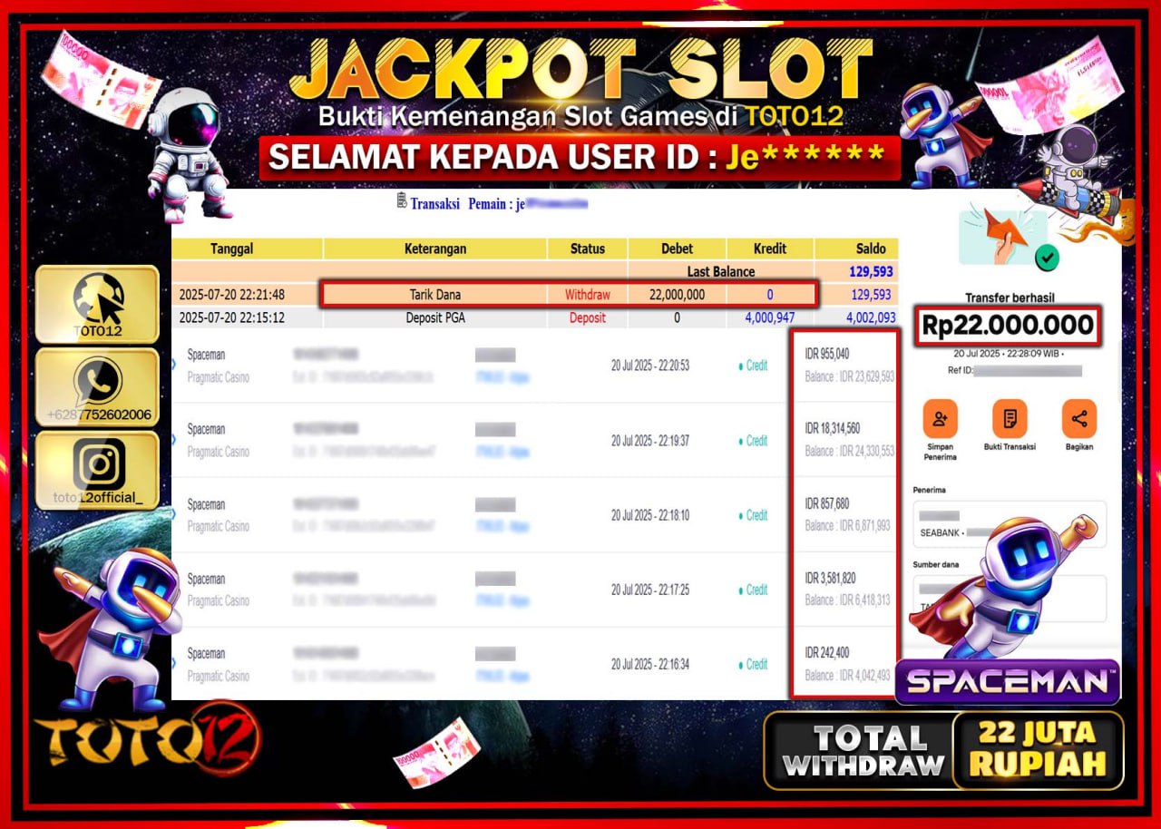 HANYA DI TOTO12 JP PASTI DI BAYAR LUNAS DAN CEPAT!!!!!! JACKPOT SLOT GAME (SPACEMAN) Rp.22.000.000 !!!!