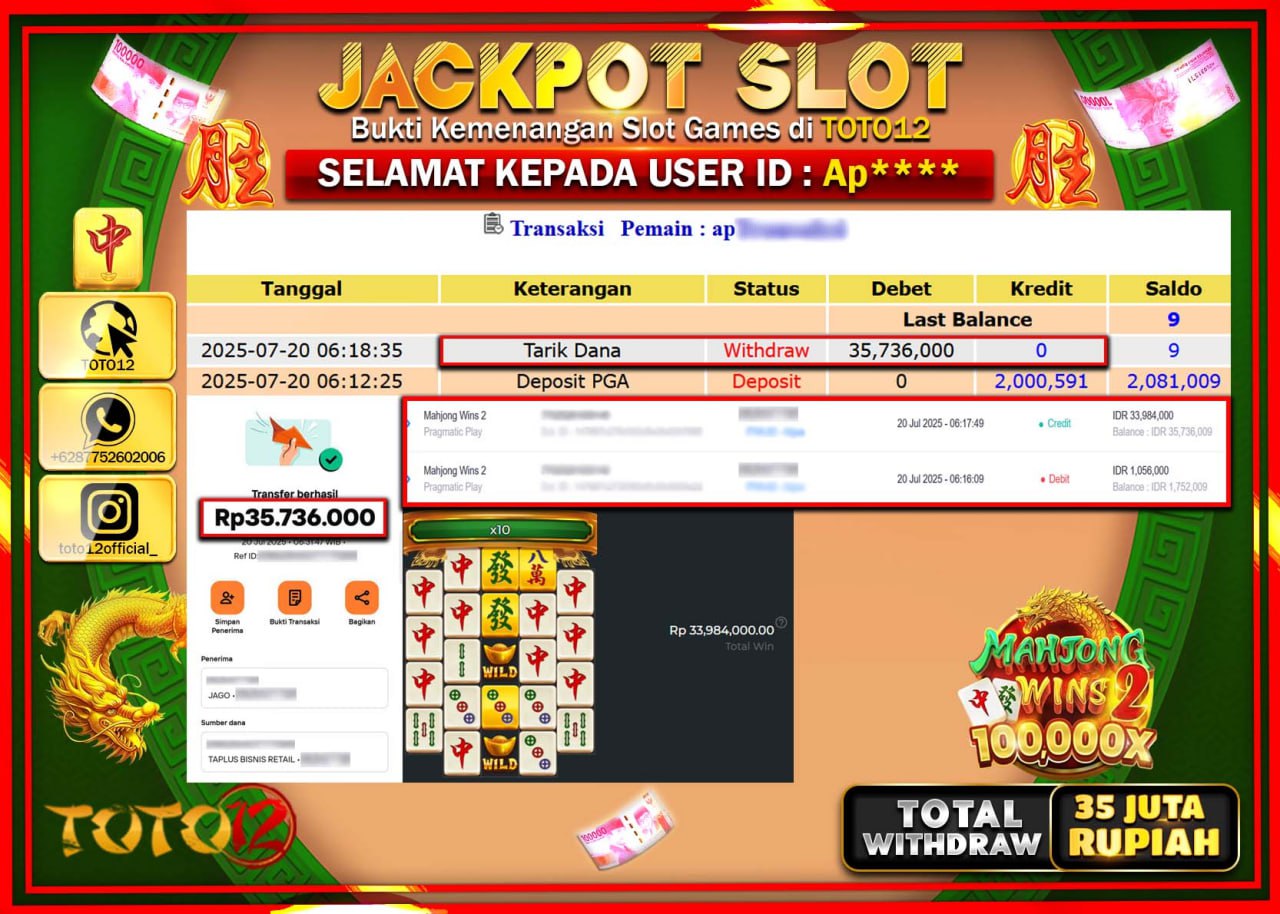 HANYA DI TOTO12 JP PASTI DI BAYAR LUNAS DAN CEPAT!!!!!! JACKPOT SLOT GAME (MAHJONG WINS 2 100.000X) Rp.35.000.000 !!!!