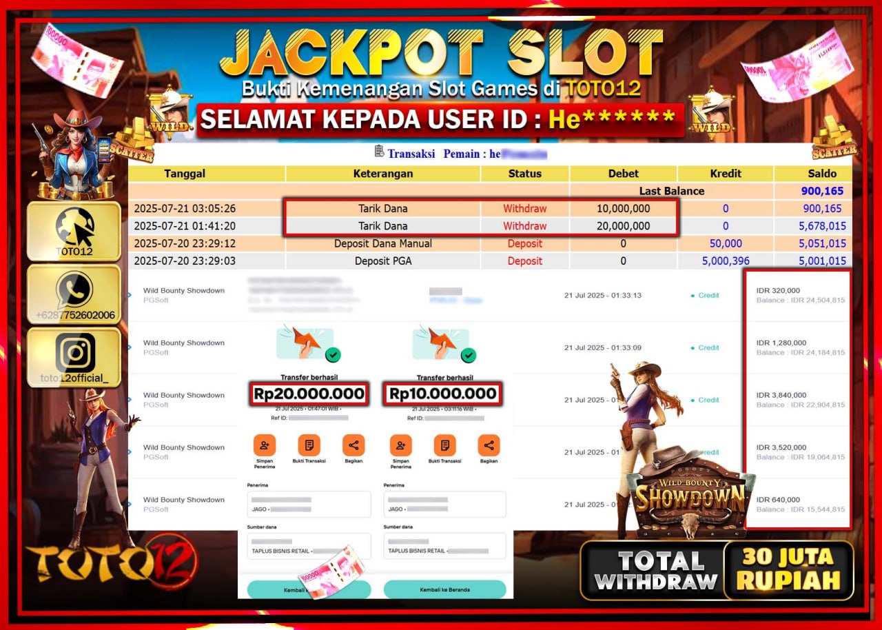HANYA DI TOTO12 JP PASTI DI BAYAR LUNAS DAN CEPAT!!!!!! JACKPOT SLOT GAME (WILD BOUNTY SHOWDOWN) Rp.30.000.000 !!!!