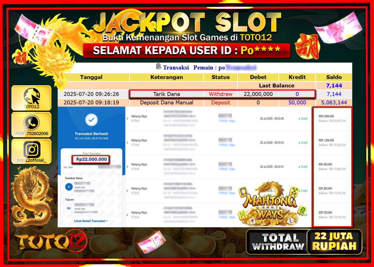 HANYA DI TOTO12 JP PASTI DI BAYAR LUNAS DAN CEPAT!!!!!! JACKPOT SLOT GAME (MAHJONG WAYS) Rp.22.000.000 !!!!
