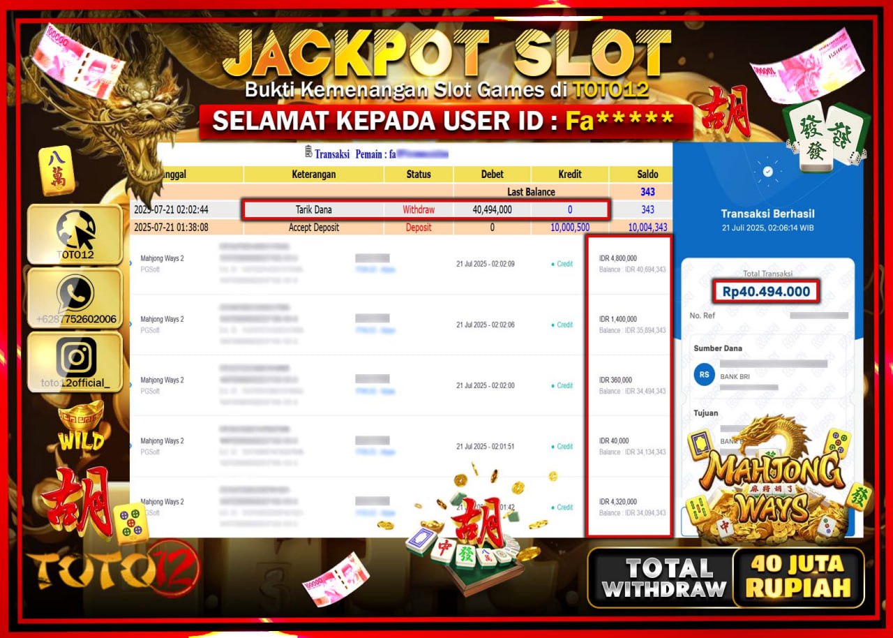 HANYA DI TOTO12 JP PASTI DI BAYAR LUNAS DAN CEPAT!!!!!! JACKPOT SLOT GAME (MAHJONG WAYS) Rp.40.000.000 !!!!