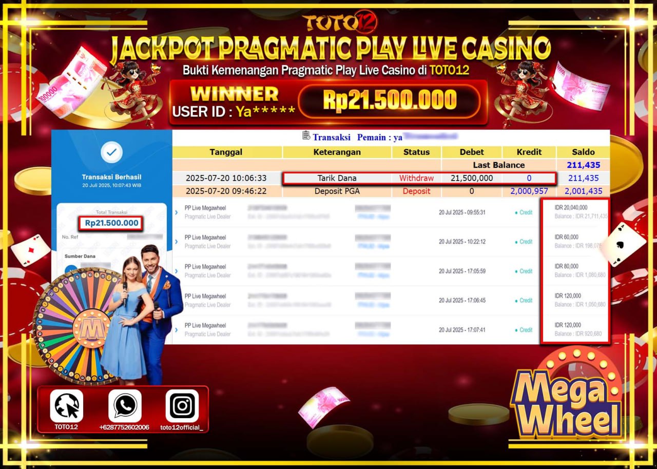 HANYA DI TOTO12 JP PASTI DI BAYAR LUNAS DAN CEPAT!!!!!! JACKPOT PRAGMATIC PLAY LIVE CASINO (MEGA WHEEL) Rp.21.500.000 !!!!