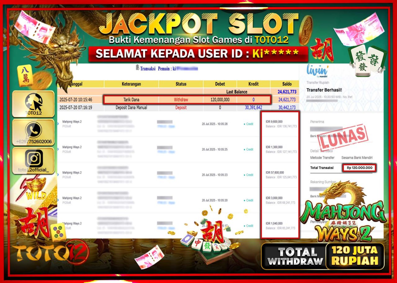 HANYA DI TOTO12 JP PASTI DI BAYAR LUNAS DAN CEPAT!!!!!! JACKPOT SLOT GAME (MAHJONG WAYS 2) Rp.120.000.000 !!!!