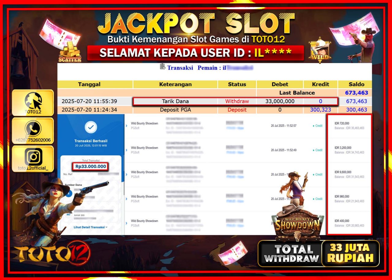 HANYA DI TOTO12 JP PASTI DI BAYAR LUNAS DAN CEPAT!!!!!! JACKPOT SLOT GAME (WILD BOUNTY SHOWDOWN) Rp.33.000.000 !!!!