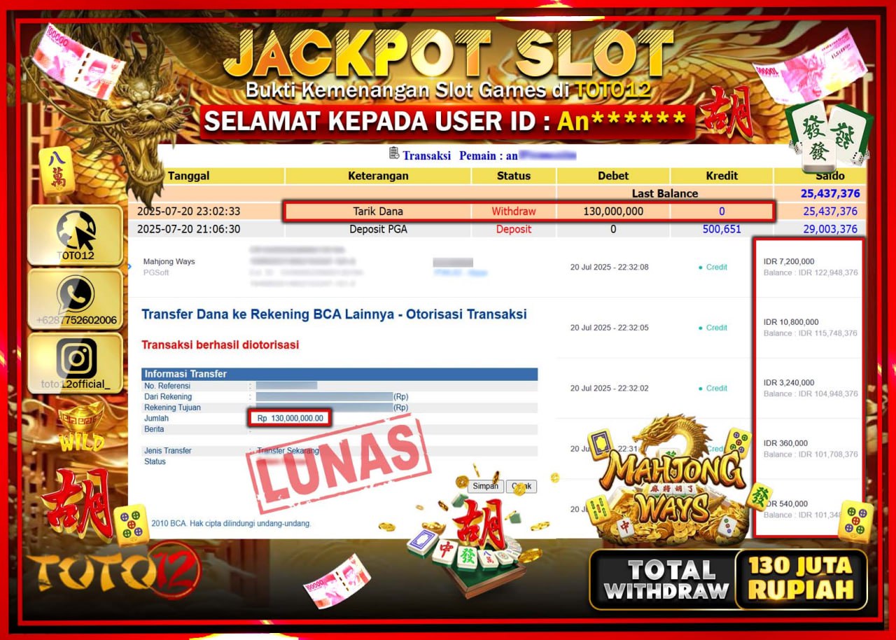 HANYA DI TOTO12 JP PASTI DI BAYAR LUNAS DAN CEPAT!!!!!! JACKPOT SLOT GAME (MAHJONG WAYS) Rp.130.000.000 !!!!