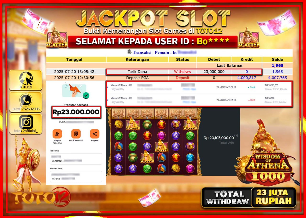 HANYA DI TOTO12 JP PASTI DI BAYAR LUNAS DAN CEPAT!!!!!! JACKPOT SLOT GAME (WISDOM OF ATHENA 1000) Rp.23.000.000 !!!!