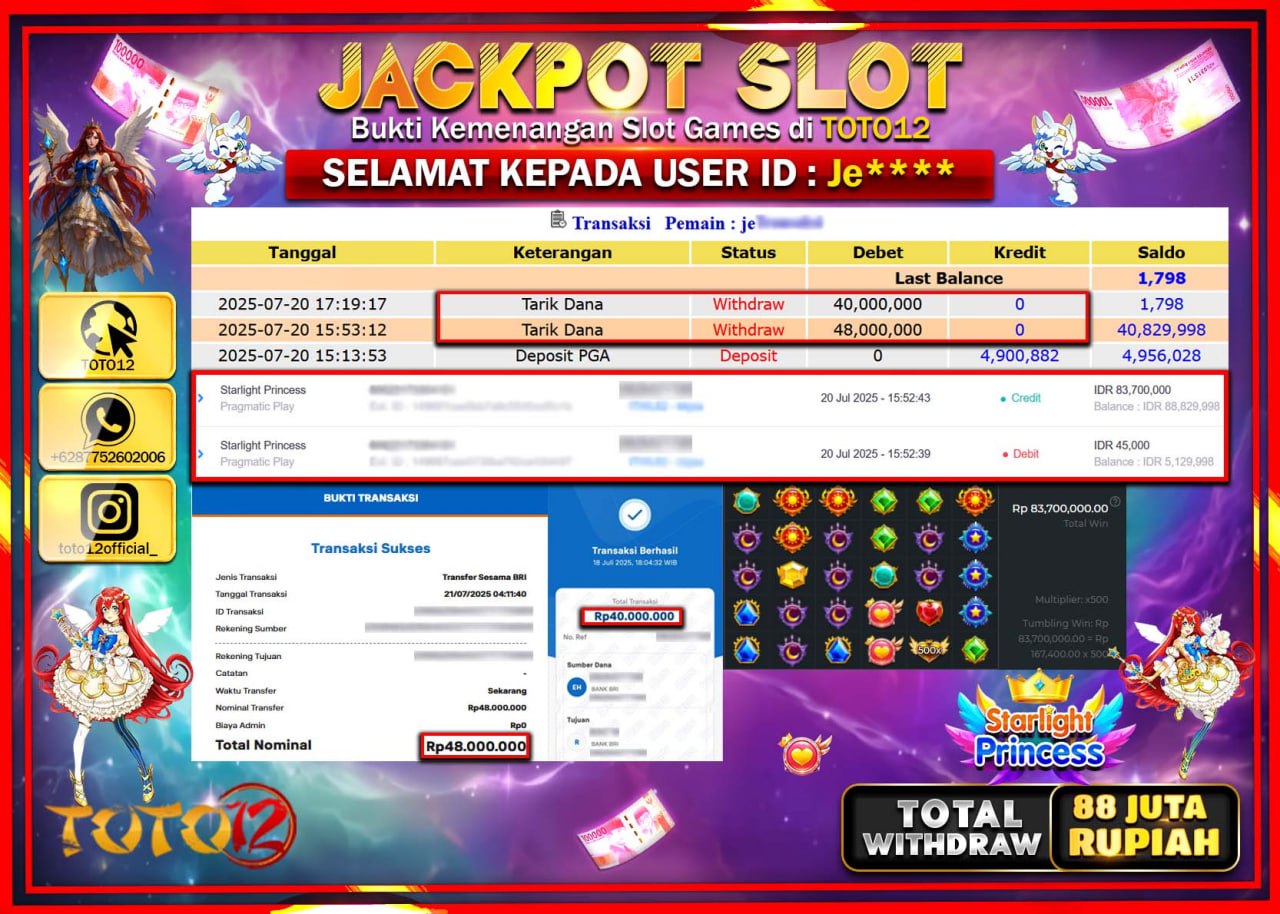 HANYA DI TOTO12 JP PASTI DI BAYAR LUNAS DAN CEPAT!!!!!! JACKPOT SLOT GAME (STARLIGHT PRINCESS) Rp.88.000.000 !!!!