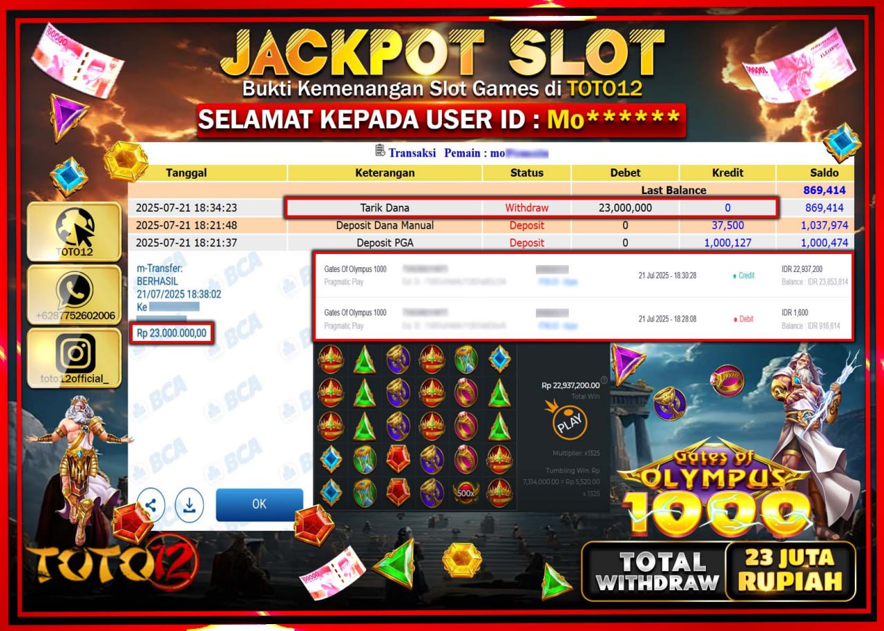 HANYA DI TOTO12 JP PASTI DI BAYAR LUNAS DAN CEPAT!!!!!! JACKPOT SLOT GAME (GATES OF OLYMPUS 1000) Rp.23.000.000 !!!!