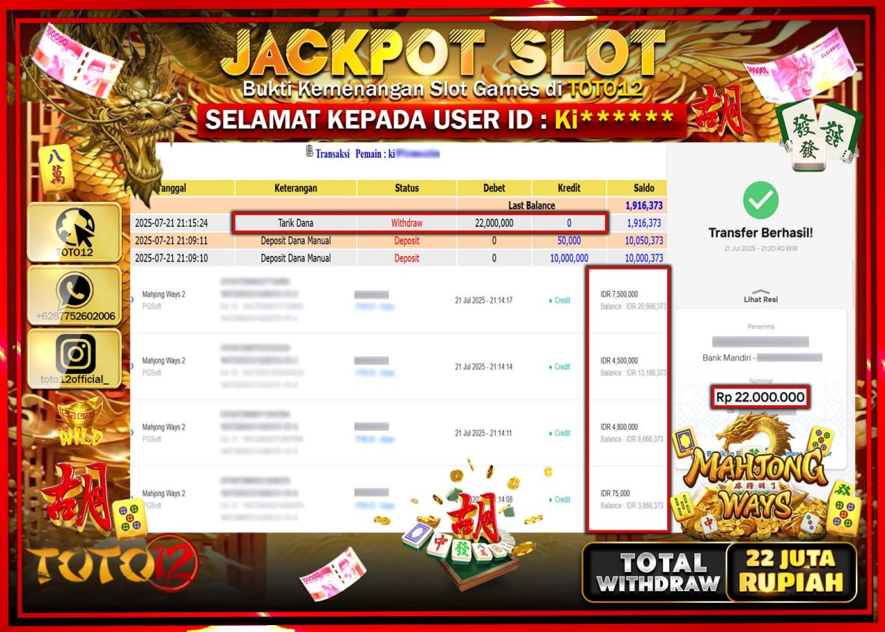 HANYA DI TOTO12 JP PASTI DI BAYAR LUNAS DAN CEPAT!!!!!! JACKPOT SLOT GAME (MAHJONG WAYS) Rp.22.000.000 !!!!
