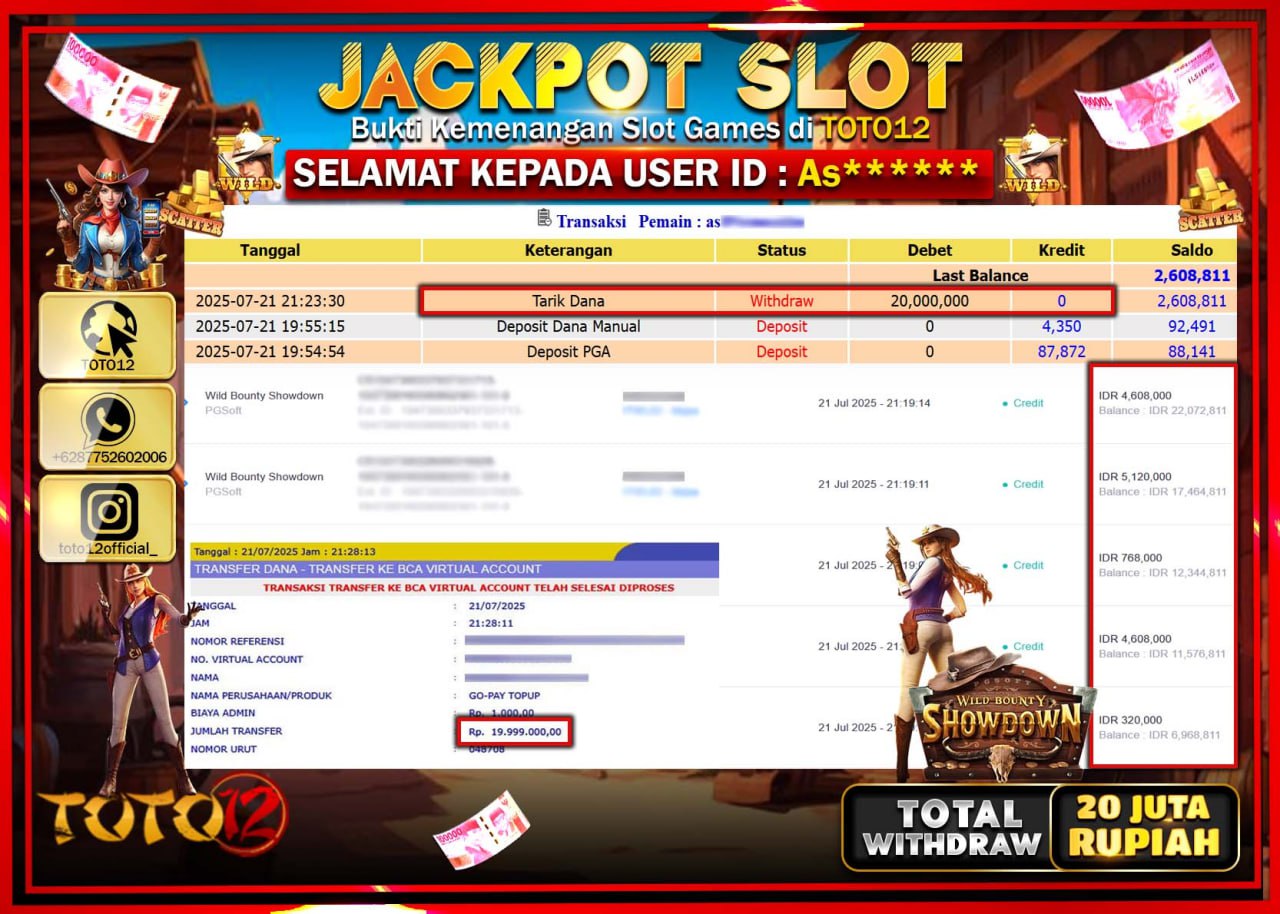 HANYA DI TOTO12 JP PASTI DI BAYAR LUNAS DAN CEPAT!!!!!! JACKPOT SLOT GAME (WILD BOUNTY SHOWDOWN) Rp.20.000.000 !!!!
