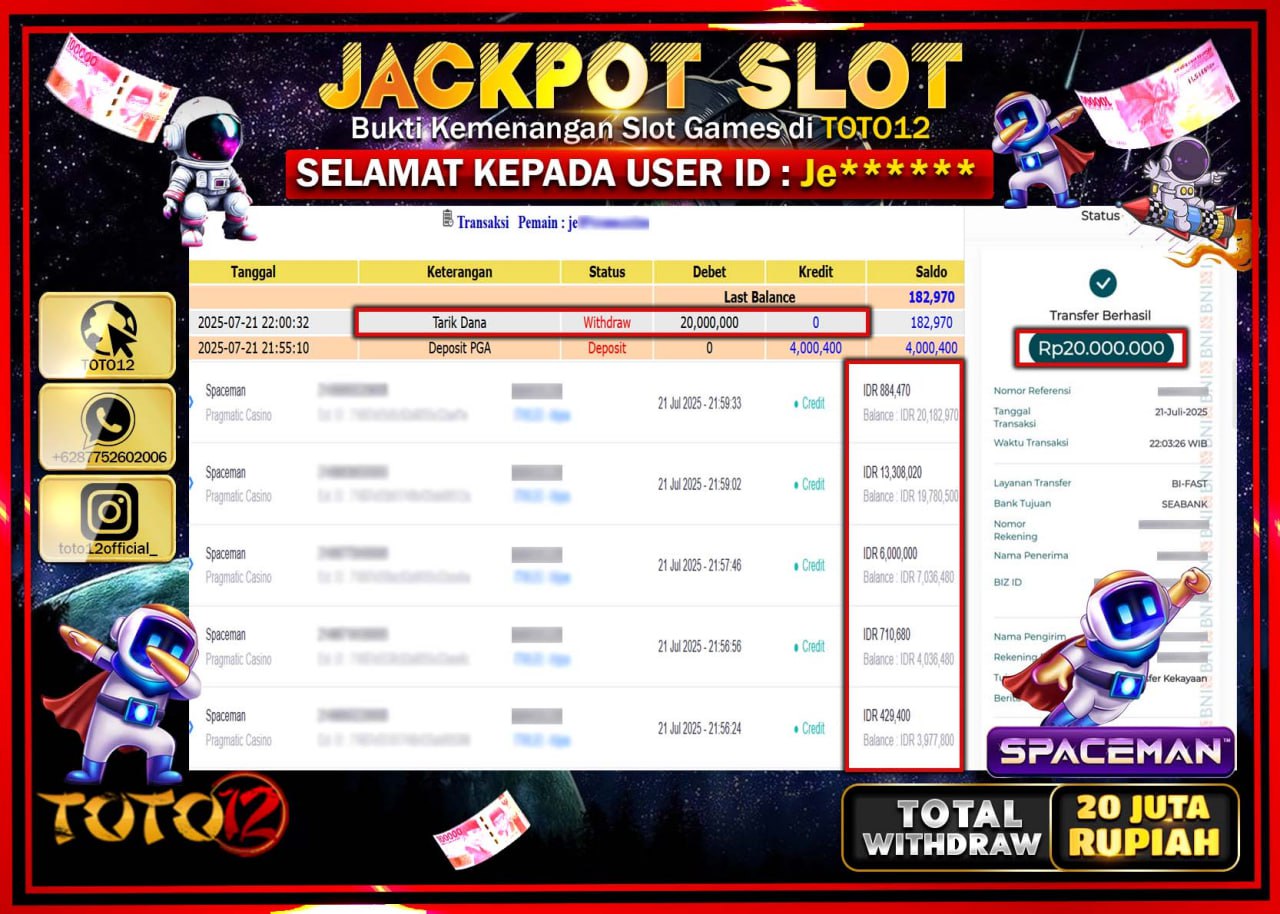 HANYA DI TOTO12 JP PASTI DI BAYAR LUNAS DAN CEPAT!!!!!! JACKPOT SLOT GAME (SPACEMAN) Rp.20.000.000 !!!!