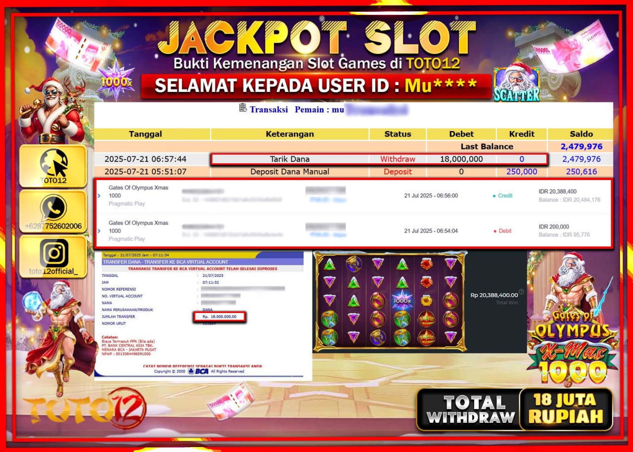 HANYA DI TOTO12 JP PASTI DI BAYAR LUNAS DAN CEPAT!!!!!! JACKPOT SLOT GAME (GATES OF OLYMPUS X MAS 1000) Rp.18.000.000 !!!!
