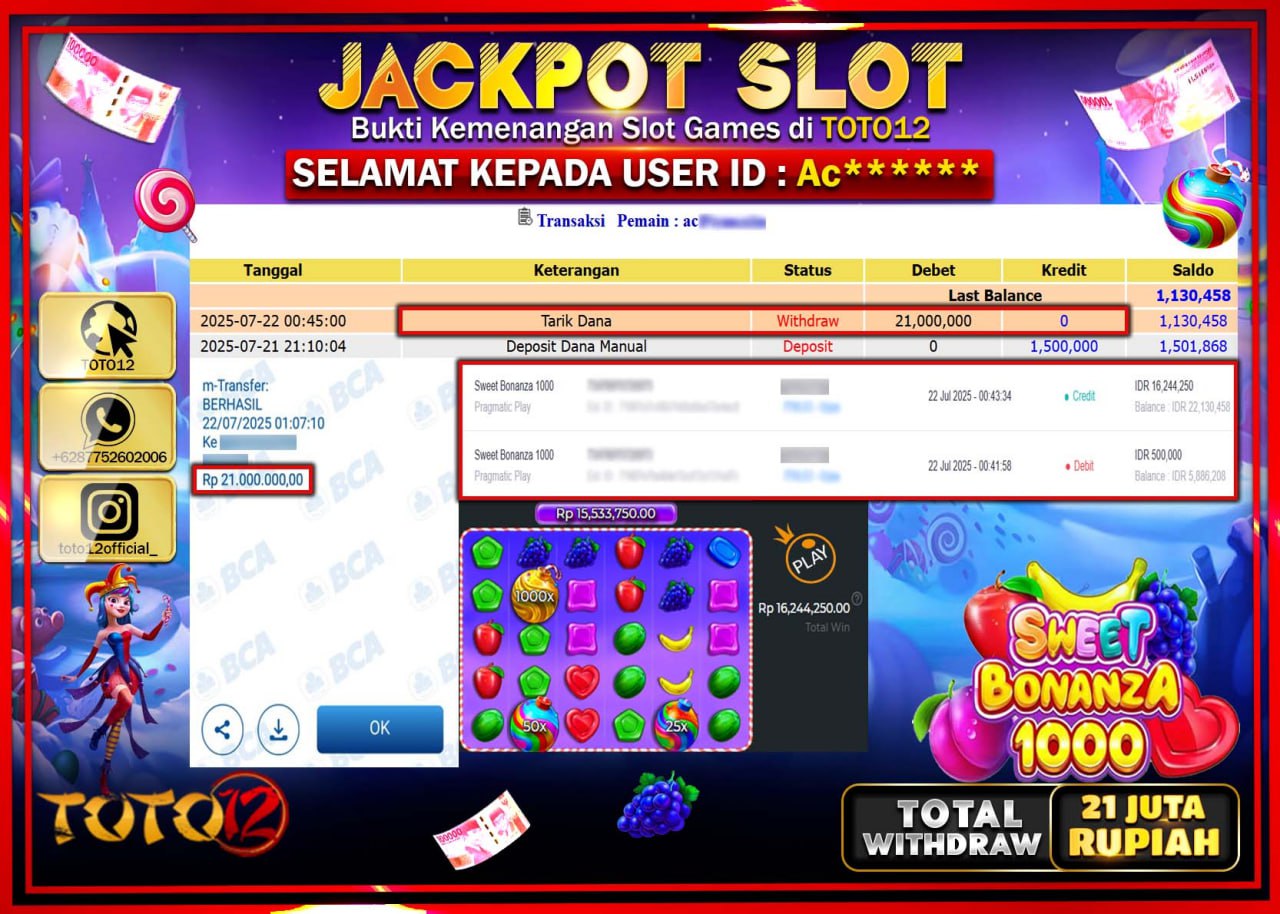 HANYA DI TOTO12 JP PASTI DI BAYAR LUNAS DAN CEPAT!!!!!! JACKPOT SLOT GAME (SWEET BONANZA 1000) Rp.21.000.000 !!!!