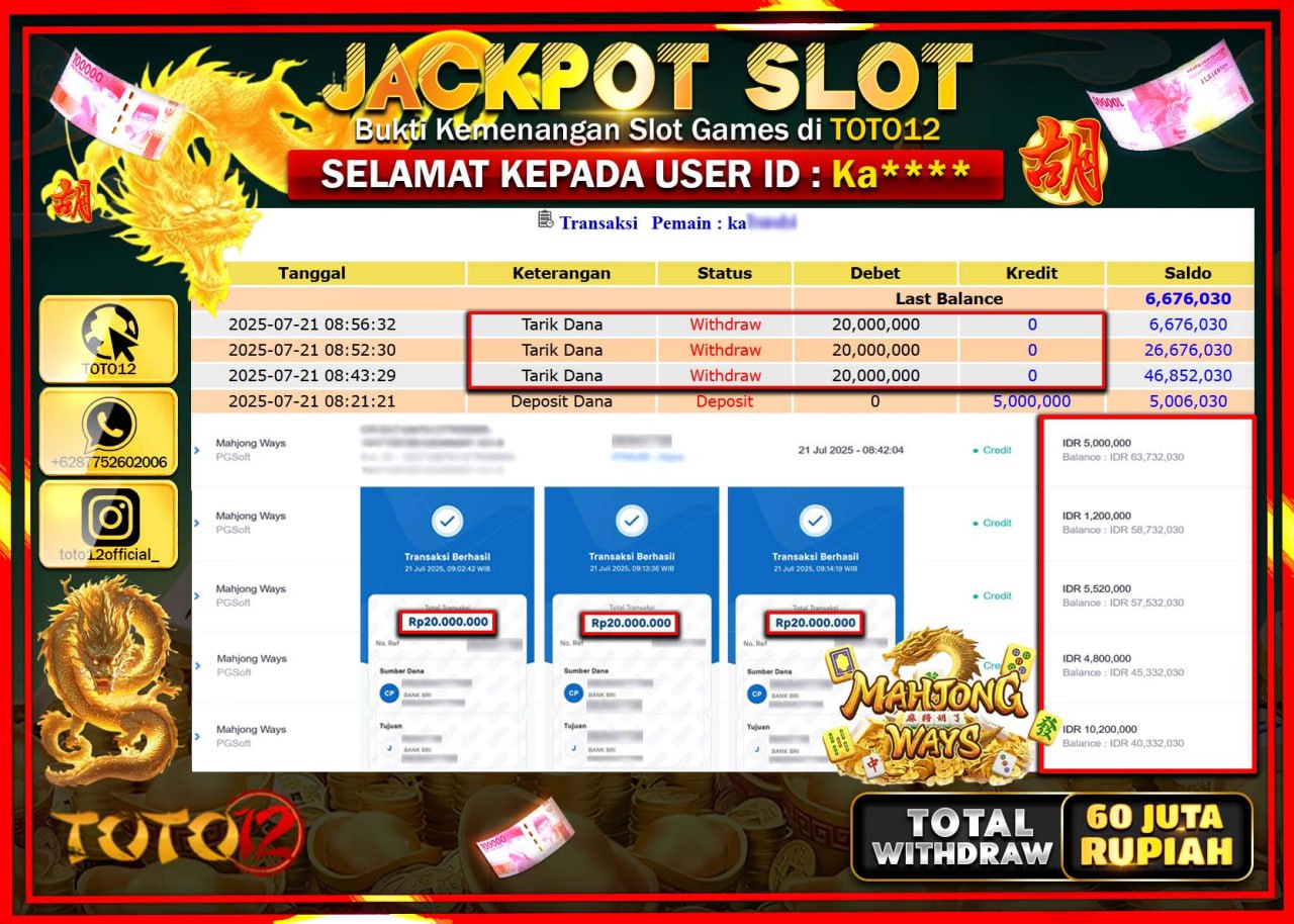 HANYA DI TOTO12 JP PASTI DI BAYAR LUNAS DAN CEPAT!!!!!! JACKPOT SLOT GAME (MAHJONG WAYS) Rp.60.000.000 !!!!