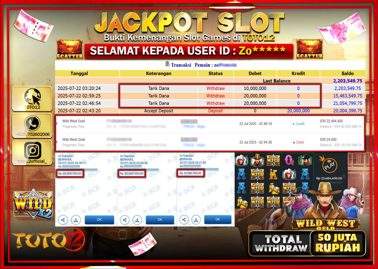 HANYA DI TOTO12 JP PASTI DI BAYAR LUNAS DAN CEPAT!!!!!! JACKPOT SLOT GAME (WILD WEST GOLD) Rp.50.000.000 !!!!