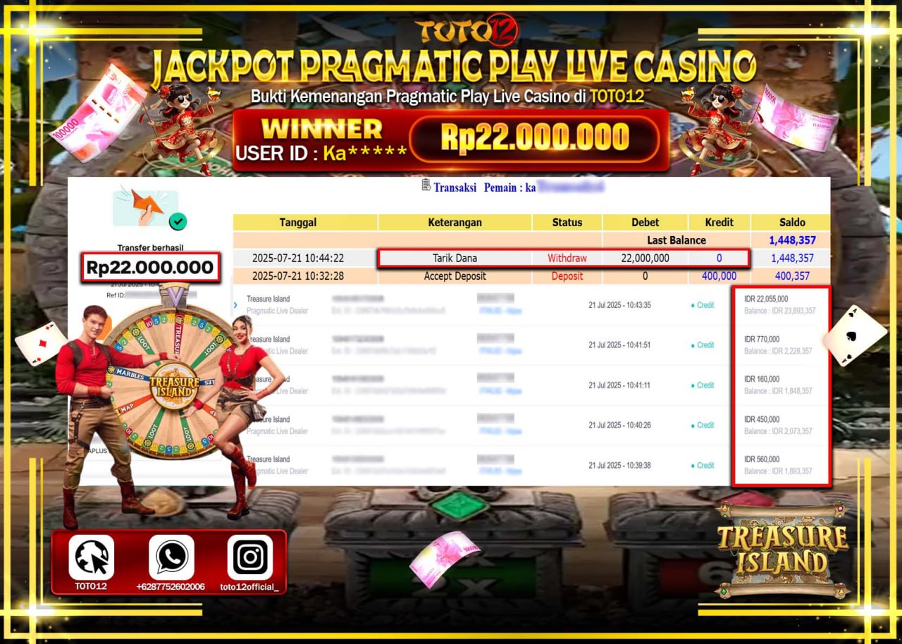 HANYA DI TOTO12 JP PASTI DI BAYAR LUNAS DAN CEPAT!!!!!! JACKPOT PRAGMATIC PLAY LIVE CASINO (TREASURE ISLAND) Rp.22.000.000 !!!!