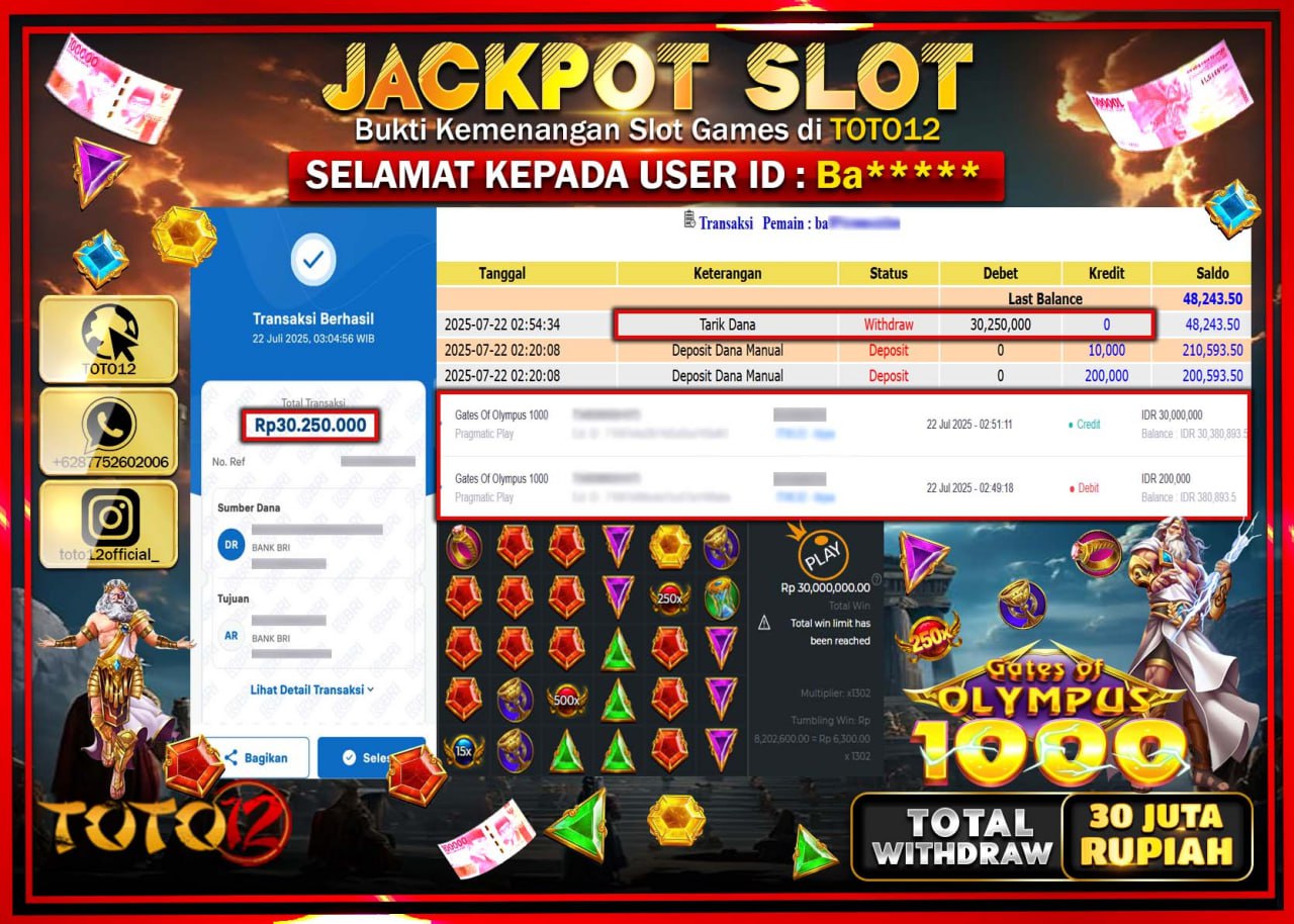 HANYA DI TOTO12 JP PASTI DI BAYAR LUNAS DAN CEPAT!!!!!! JACKPOT SLOT GAME (GATES OF OLYMPUS 1000) Rp.30.000.000 !!!!
