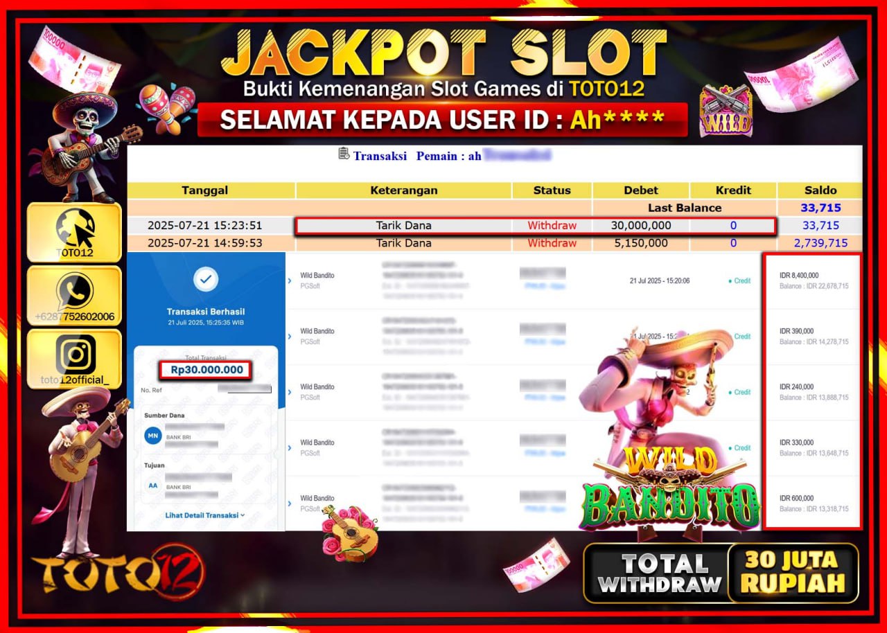 HANYA DI TOTO12 JP PASTI DI BAYAR LUNAS DAN CEPAT!!!!!! JACKPOT SLOT GAME (WILD BANDITO) Rp.30.000.000 !!!!