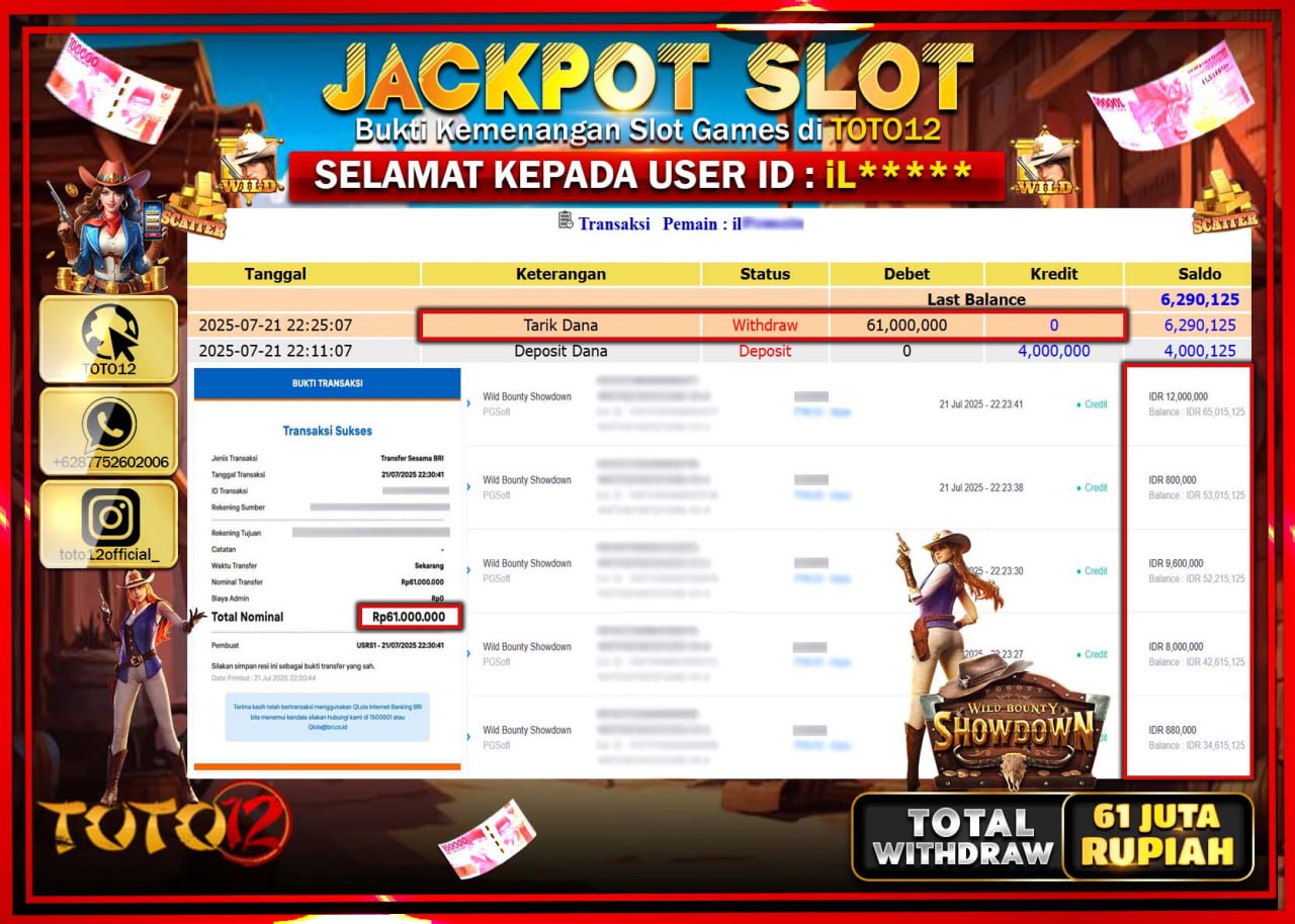 HANYA DI TOTO12 JP PASTI DI BAYAR LUNAS DAN CEPAT!!!!!! JACKPOT SLOT GAME (WILD BOUNTY SHOWDOWN) Rp.61.000.000 !!!!