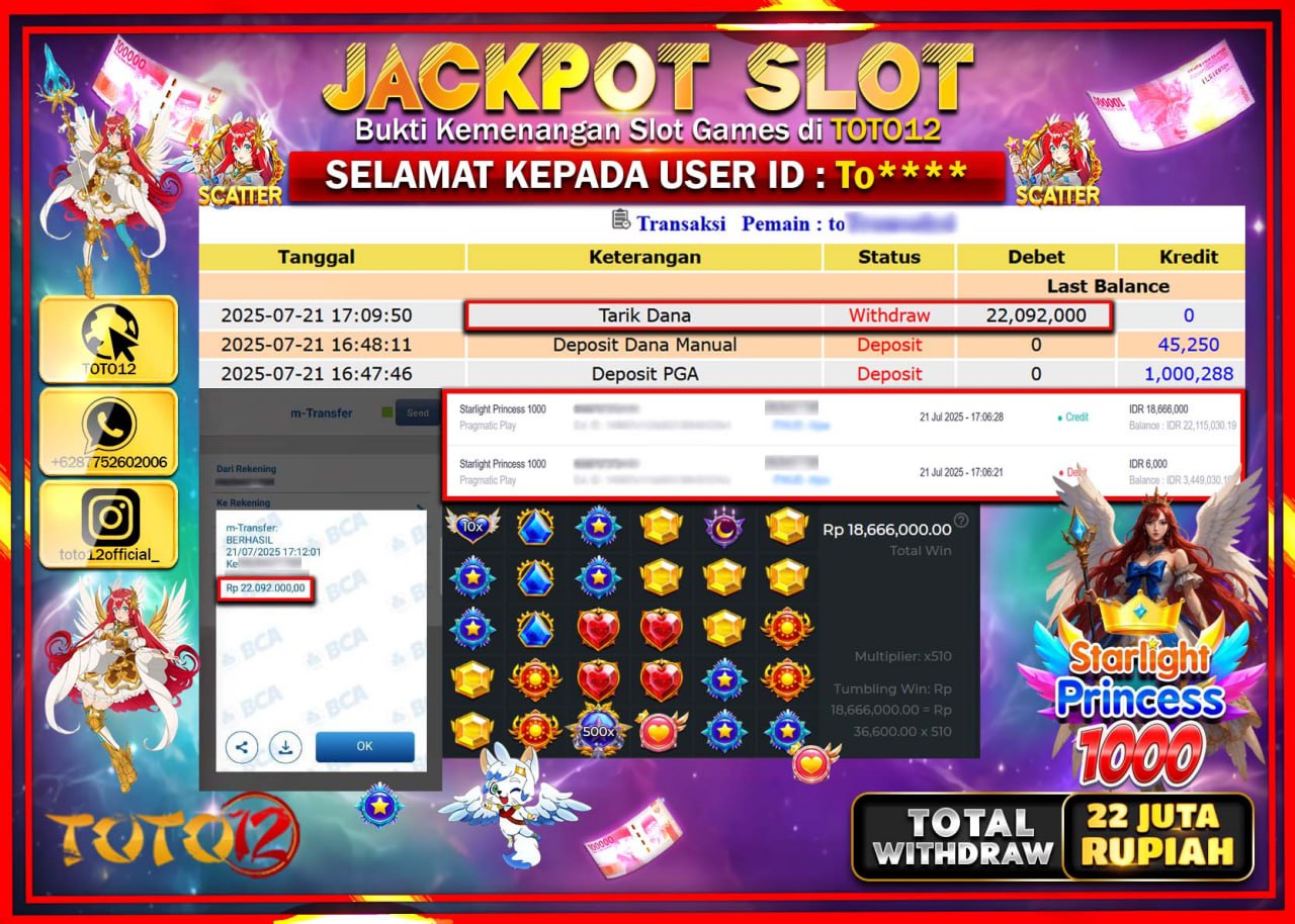 HANYA DI TOTO12 JP PASTI DI BAYAR LUNAS DAN CEPAT!!!!!! JACKPOT SLOT GAME (STARLIGHT PRINCESS 1000) Rp.22.000.000 !!!!