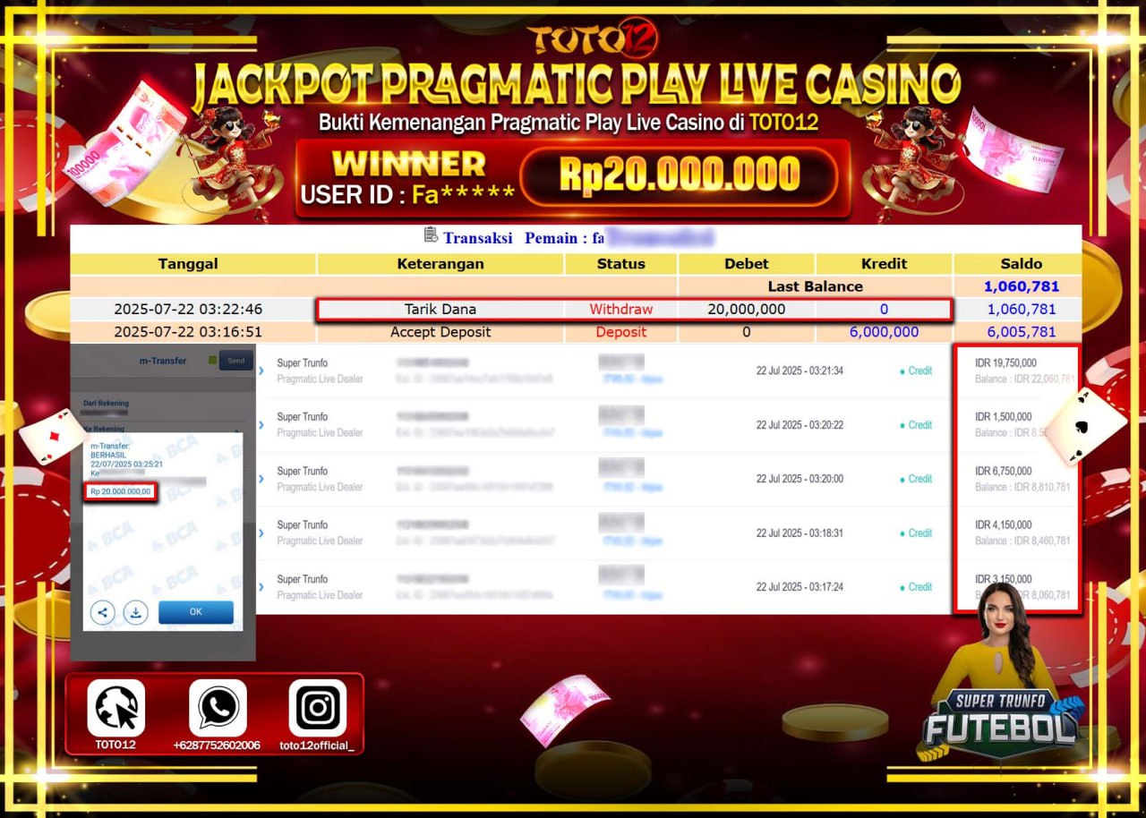 HANYA DI TOTO12 JP PASTI DI BAYAR LUNAS DAN CEPAT!!!!!! JACKPOT PRAGMATIC PLAY LIVE CASINO (SUPER TRUNFO FUTEBOL) Rp.20.000.000 !!!!