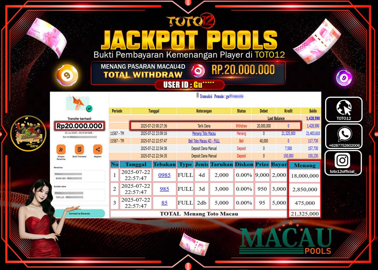 HANYA DI TOTO12 JP PASTI DI BAYAR LUNAS DAN CEPAT!!!!!! JACKPOT POOLS (MACAU POOLS) Rp.20.000.000 !!!!