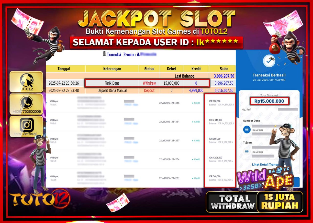 HANYA DI TOTO12 JP PASTI DI BAYAR LUNAS DAN CEPAT!!!!!! JACKPOT SLOT GAME (WILD APE) Rp.15.000.000 !!!!