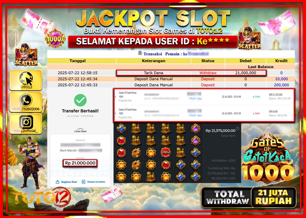 HANYA DI TOTO12 JP PASTI DI BAYAR LUNAS DAN CEPAT!!!!!! JACKPOT SLOT GAME (GATES OF GATOT KACA 1000) Rp.21.000.000 !!!!