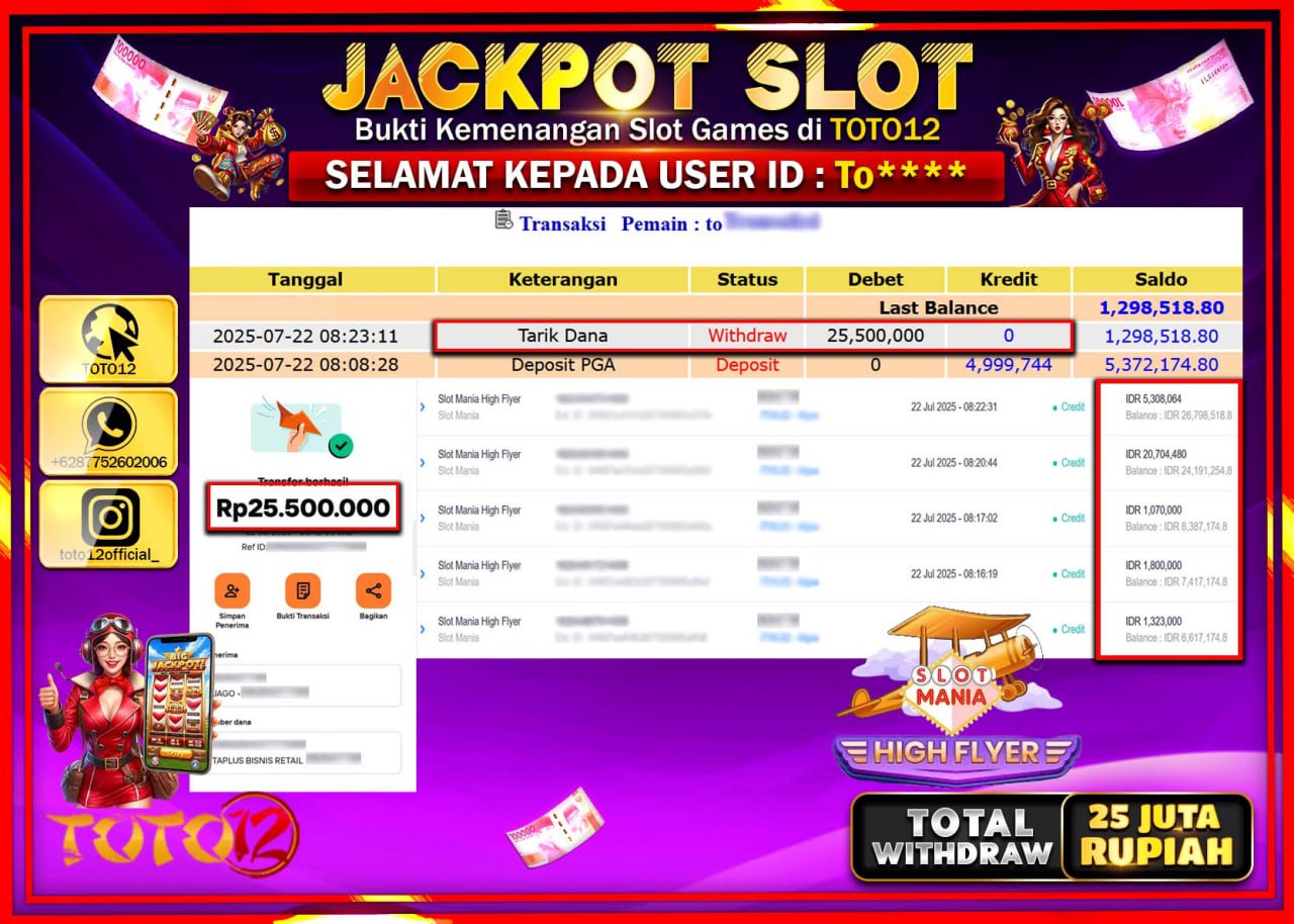 HANYA DI TOTO12 JP PASTI DI BAYAR LUNAS DAN CEPAT!!!!!! JACKPOT SLOT GAME (SLOT MANIA HIGHFLYER) Rp.25.000.000 !!!!