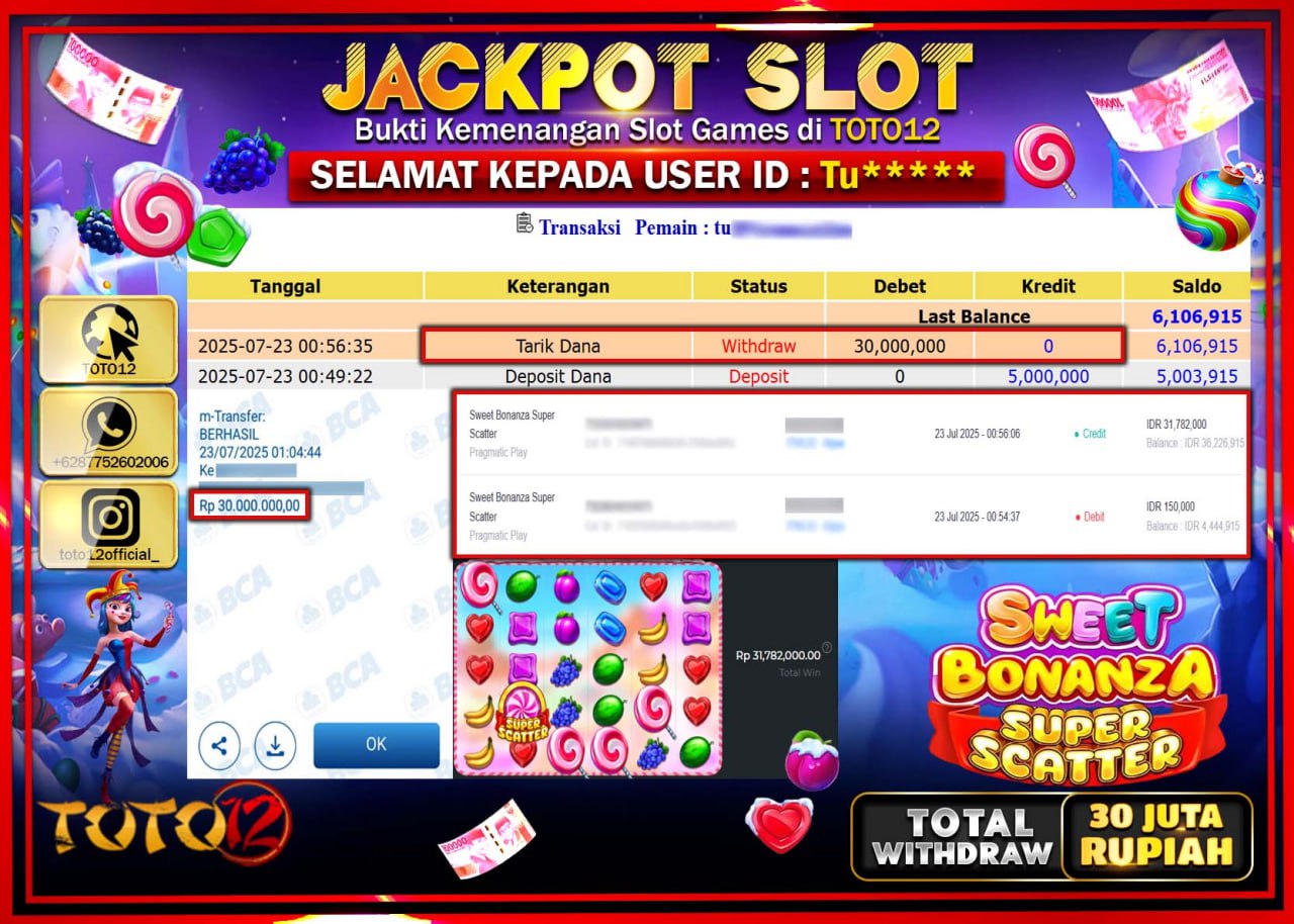 HANYA DI TOTO12 JP PASTI DI BAYAR LUNAS DAN CEPAT!!!!!! JACKPOT SLOT GAME (SWEET BONANZA SUPER SCATTER) Rp.30.000.000 !!!!