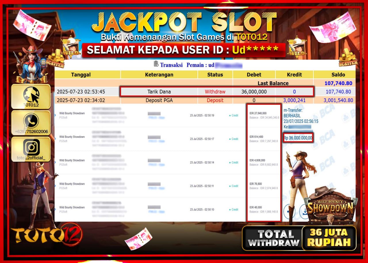 HANYA DI TOTO12 JP PASTI DI BAYAR LUNAS DAN CEPAT!!!!!! JACKPOT SLOT GAME (WILD BOUNTY SHOWDOWN) Rp.36.000.000 !!!!