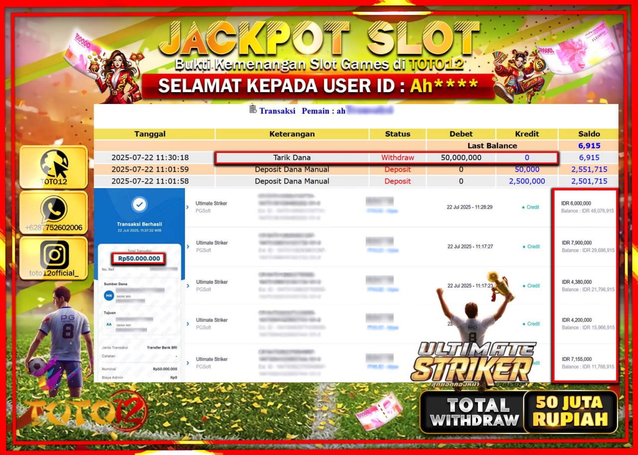 HANYA DI TOTO12 JP PASTI DI BAYAR LUNAS DAN CEPAT!!!!!! JACKPOT SLOT GAME (ULTIMATE STRIKER) Rp.50.000.000 !!!!