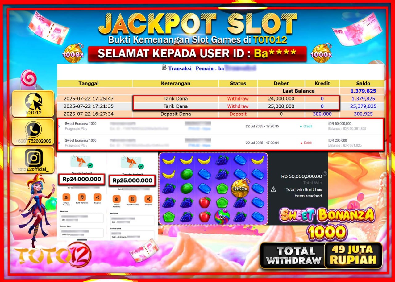 HANYA DI TOTO12 JP PASTI DI BAYAR LUNAS DAN CEPAT!!!!!! JACKPOT SLOT GAME (SWEET BONANZA 1000) Rp.49.000.000 !!!!