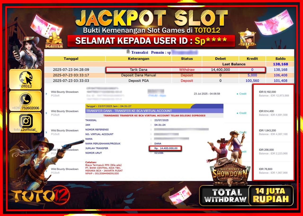HANYA DI TOTO12 JP PASTI DI BAYAR LUNAS DAN CEPAT!!!!!! JACKPOT SLOT GAME (WILD BOUNTY SHOWDOWN) Rp.14.000.000 !!!!