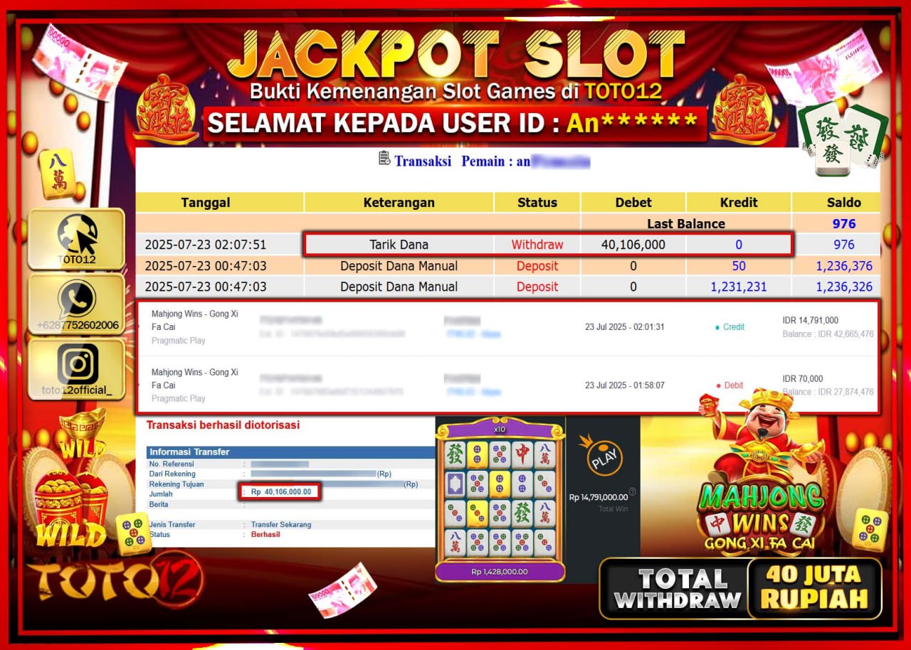 HANYA DI TOTO12 JP PASTI DI BAYAR LUNAS DAN CEPAT!!!!!! JACKPOT SLOT GAME (MAHJONG WINS GONG XI FA CAI) Rp.40.000.000 !!!!