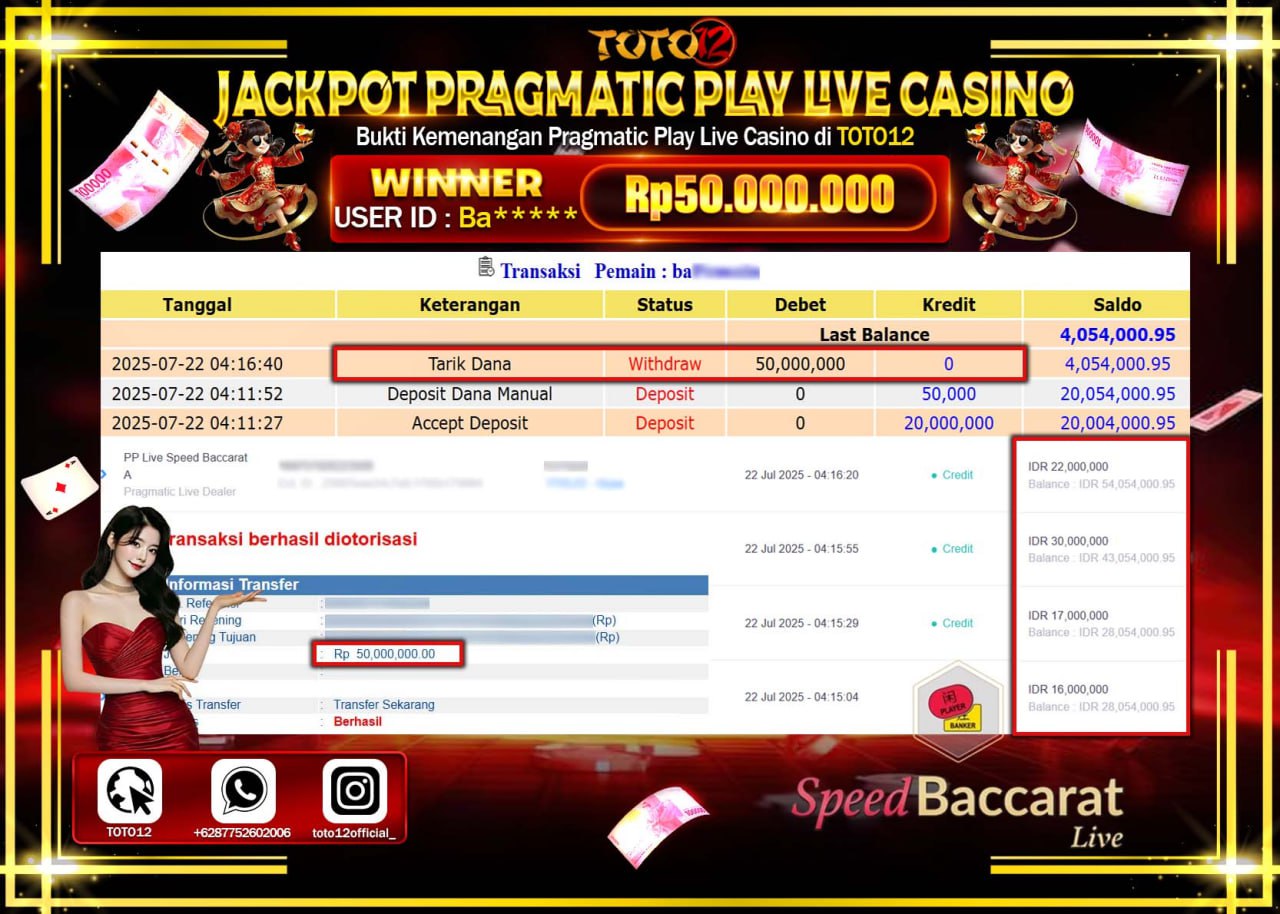HANYA DI TOTO12 JP PASTI DI BAYAR LUNAS DAN CEPAT!!!!!! JACKPOT PRAGMATIC PLAY LIVE CASINO (SPEED BACCARAT) Rp.50.000.000 !!!!