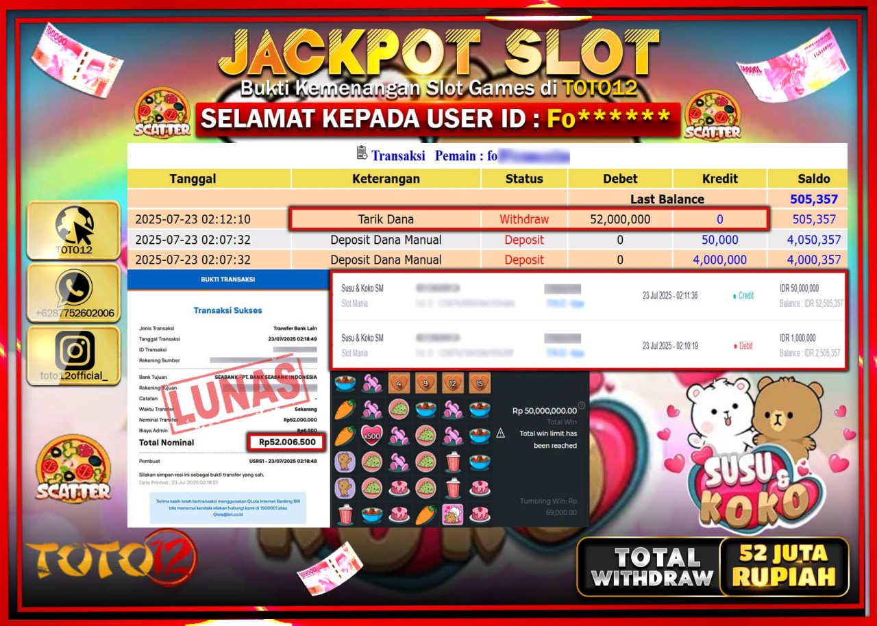 HANYA DI TOTO12 JP PASTI DI BAYAR LUNAS DAN CEPAT!!!!!! JACKPOT SLOT GAME (SUSU KOKO) Rp.52.000.000 !!!!
