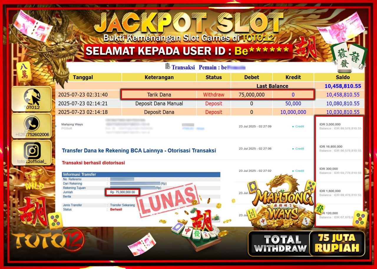 HANYA DI TOTO12 JP PASTI DI BAYAR LUNAS DAN CEPAT!!!!!! JACKPOT SLOT GAME (MAHJONG WAYS) Rp.75.000.000 !!!!