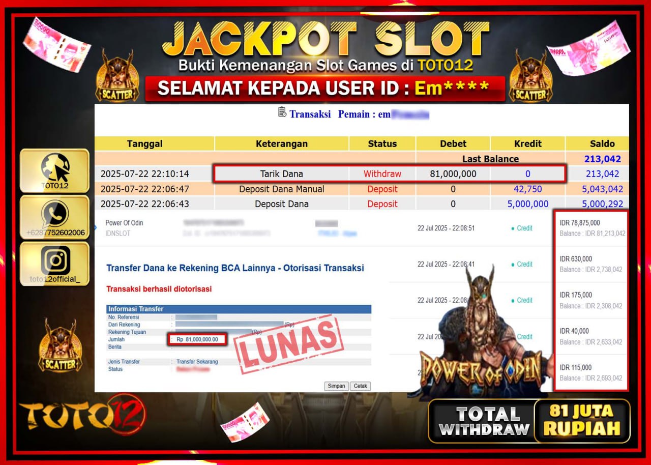 HANYA DI TOTO12 JP PASTI DI BAYAR LUNAS DAN CEPAT!!!!!! JACKPOT SLOT GAME (POWER OF ODIN) Rp.81.000.000 !!!!