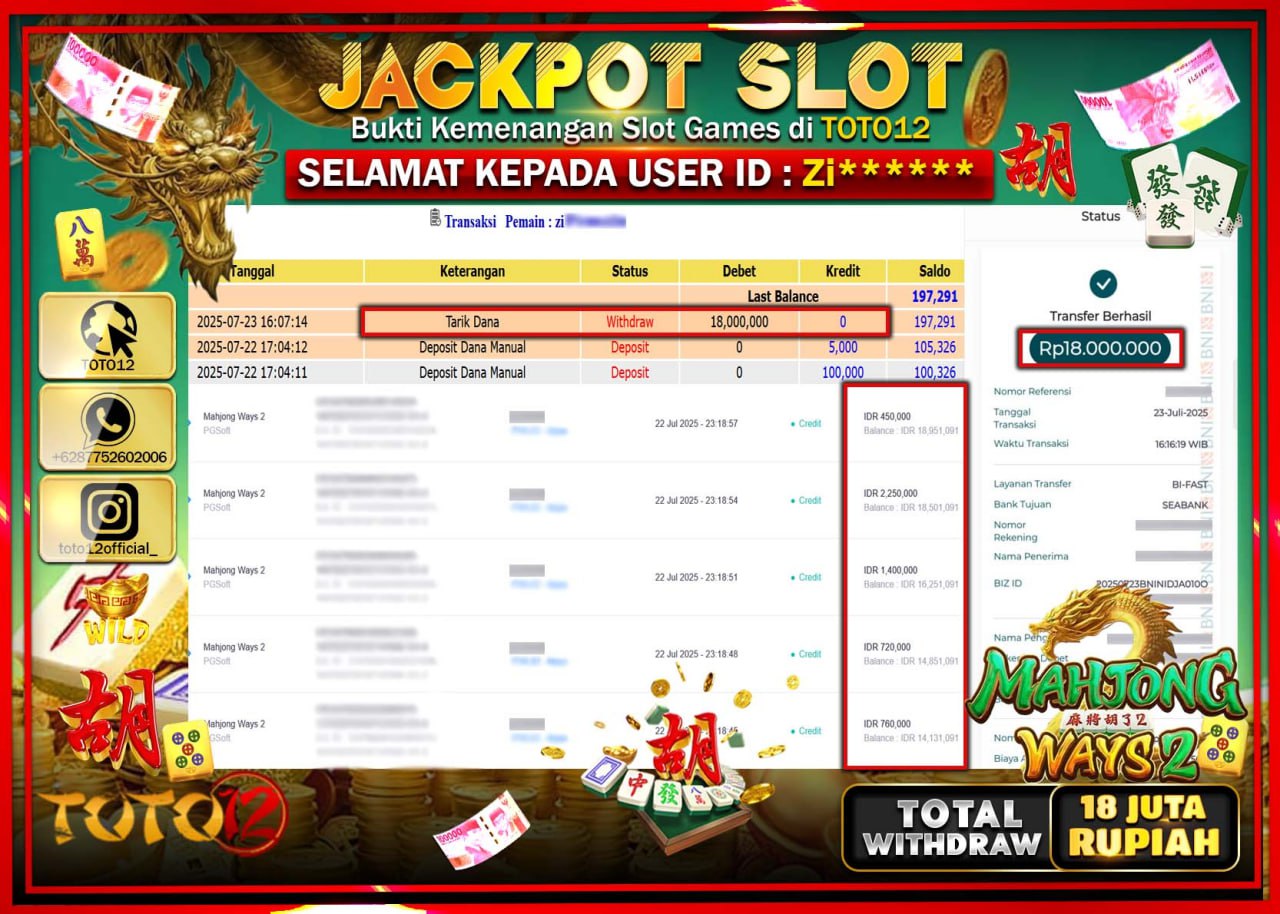 HANYA DI TOTO12 JP PASTI DI BAYAR LUNAS DAN CEPAT!!!!!! JACKPOT SLOT GAME (MAHJONG WAYS 2) Rp.18.000.000 !!!!
