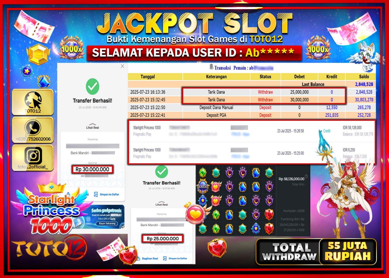 HANYA DI TOTO12 JP PASTI DI BAYAR LUNAS DAN CEPAT!!!!!! JACKPOT SLOT GAME (STARLIGHT PRINCESS 1000) Rp.55.000.000 !!!!