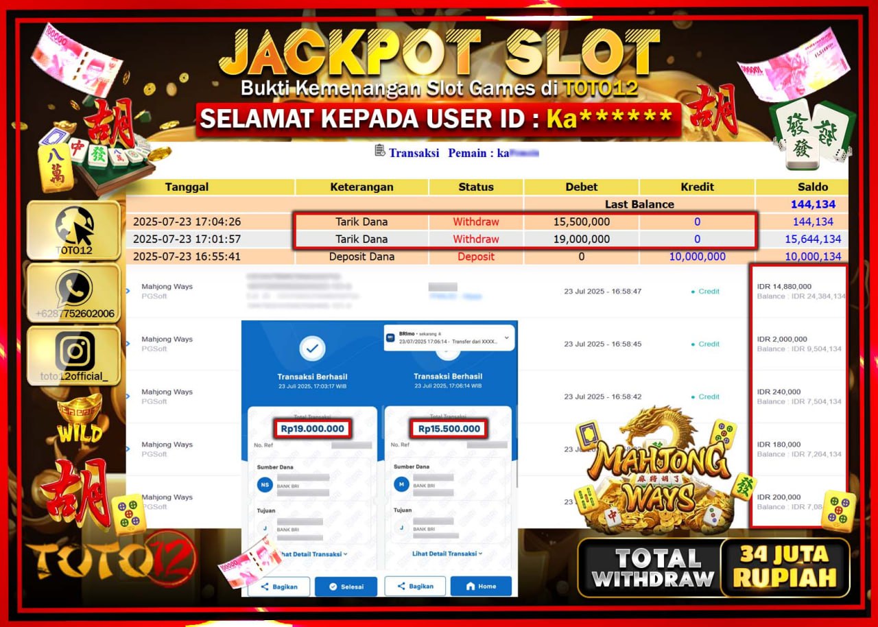 HANYA DI TOTO12 JP PASTI DI BAYAR LUNAS DAN CEPAT!!!!!! JACKPOT SLOT GAME (MAHJONG WAYS) Rp.34.500.000 !!!!
