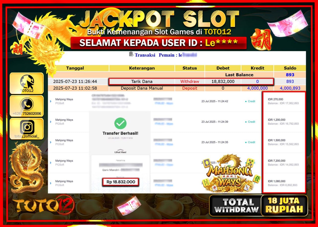 HANYA DI TOTO12 JP PASTI DI BAYAR LUNAS DAN CEPAT!!!!!! JACKPOT SLOT GAME (MAHJONG WAYS) Rp.18.000.000 !!!!
