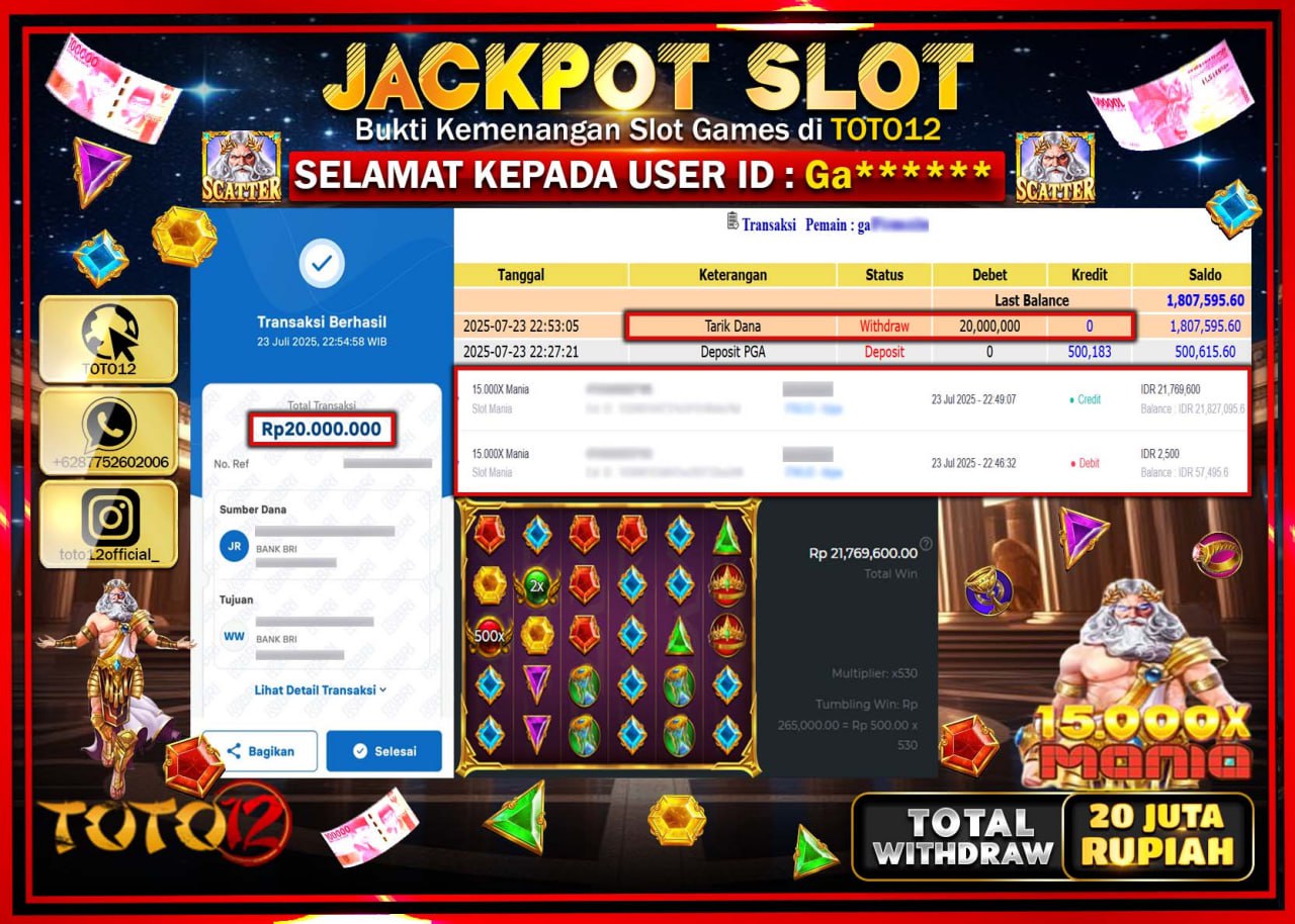 HANYA DI TOTO12 JP PASTI DI BAYAR LUNAS DAN CEPAT!!!!!! JACKPOT SLOT GAME (15.000X MANIA) Rp.20.000.000 !!!!