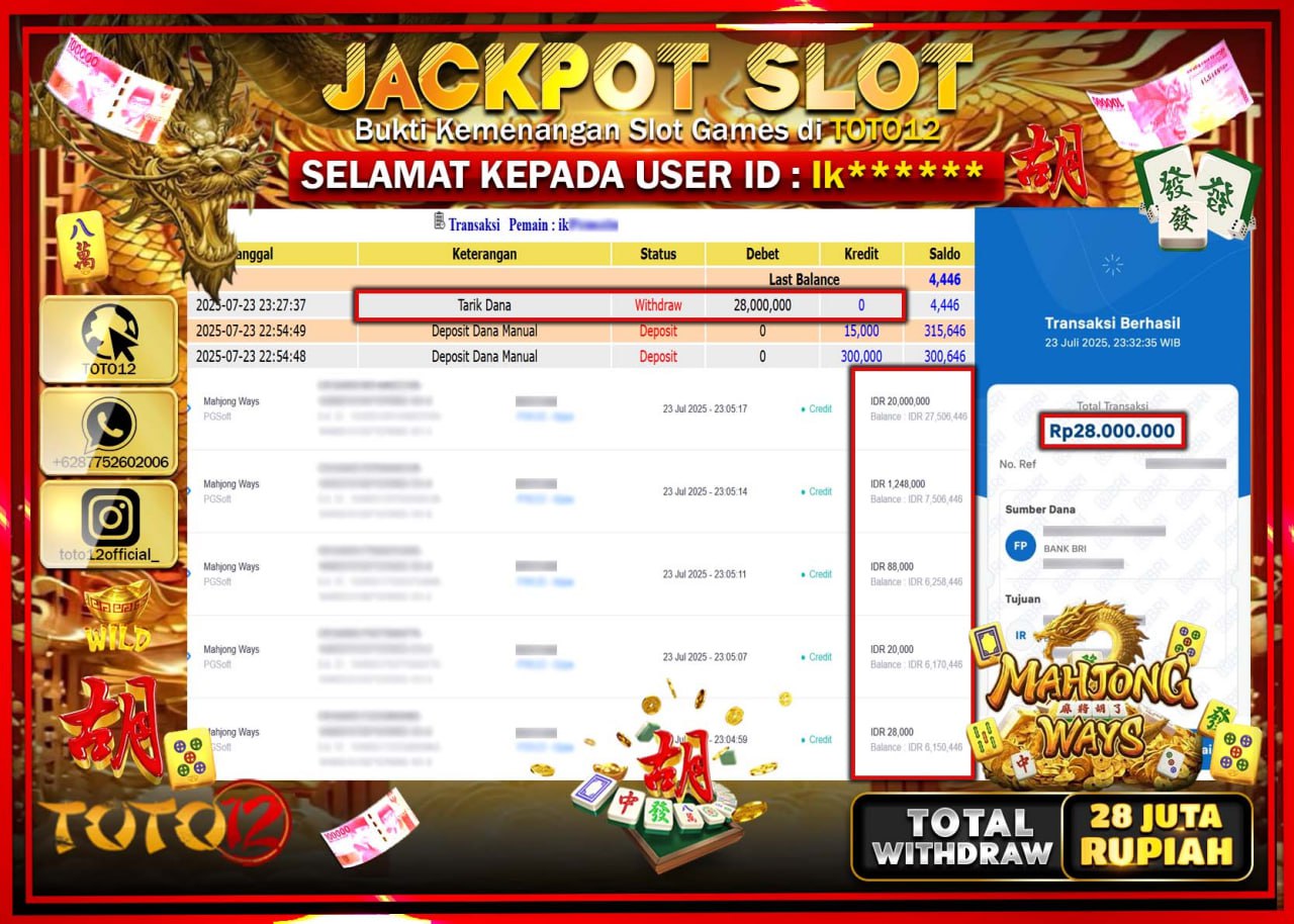 HANYA DI TOTO12 JP PASTI DI BAYAR LUNAS DAN CEPAT!!!!!! JACKPOT SLOT GAME (MAHJONG WAYS) Rp.28.000.000 !!!!