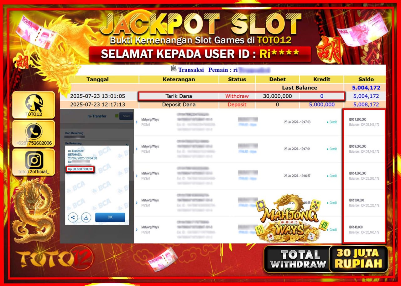 HANYA DI TOTO12 JP PASTI DI BAYAR LUNAS DAN CEPAT!!!!!! JACKPOT SLOT GAME (MAHJONG WAYS) Rp.30.000.000 !!!!